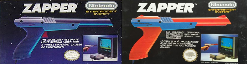 Die Verpackung der Nintendo Zapper-Lichtpistole, die auf der linken Seite in Blau-Grau und auf der rechten Seite in Orange-Rot dargestellt ist.